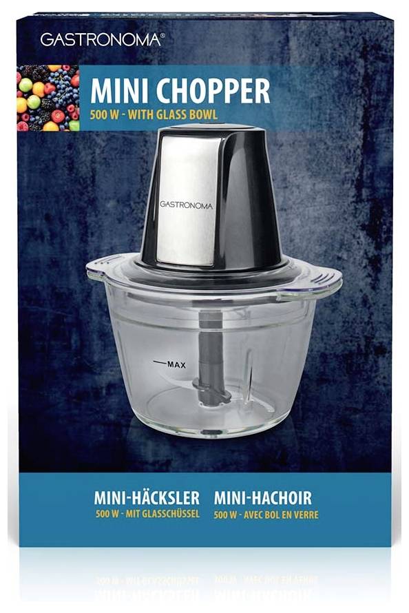 Kuchyňský sekáček 'Gastronoma Mini Chopper' s připevněnou skleněnou mísou a nerezovým víkem, označený 500 W.