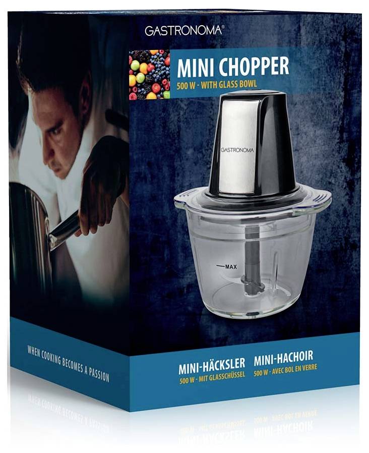 Obrázek zobrazuje krabici od sekáčku Gastronoma Mini Chopper se skleněnou mísou, který má elegantní design. Text obsahuje '500 W - SE SKLENĚNOU MÍSOU.'