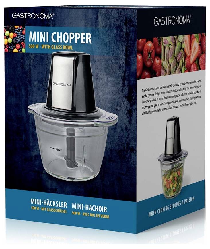 Gastronoma Mini Sekáč 500W se skleněnou mísou. Obrázek zobrazuje sekáč na modrém pozadí s kuchyňskou zeleninou a textem popisujícím vlastnosti.