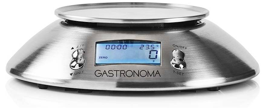 Digitální kuchyňská váha s kulatou nerezovou plošinou. Displej ukazuje '0' a '235g'. Název značky 'Gastronoma' je umístěn pod displejem.