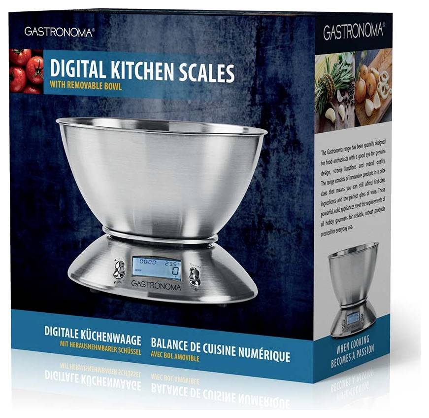 Digitální kuchyňské váhy Gastronoma s odnímatelnou mísou jsou prezentovány na obalu z nerezové oceli s kuchyňskými motivy.