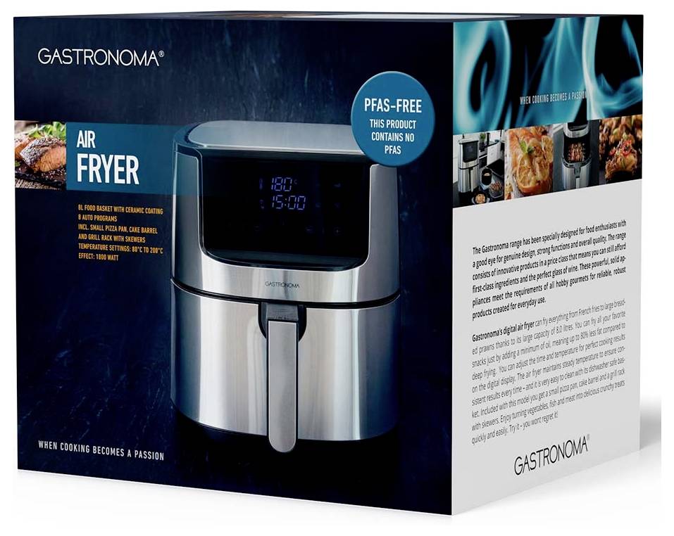 'Gastronoma Horkovzdušná fritéza' obal s obrázkem produktu, klíčové vlastnosti uvedené: efektivní vaření, nepřilnavý povrch, digitální displej. Zvýrazněný štítek 'Bez PFAS'.