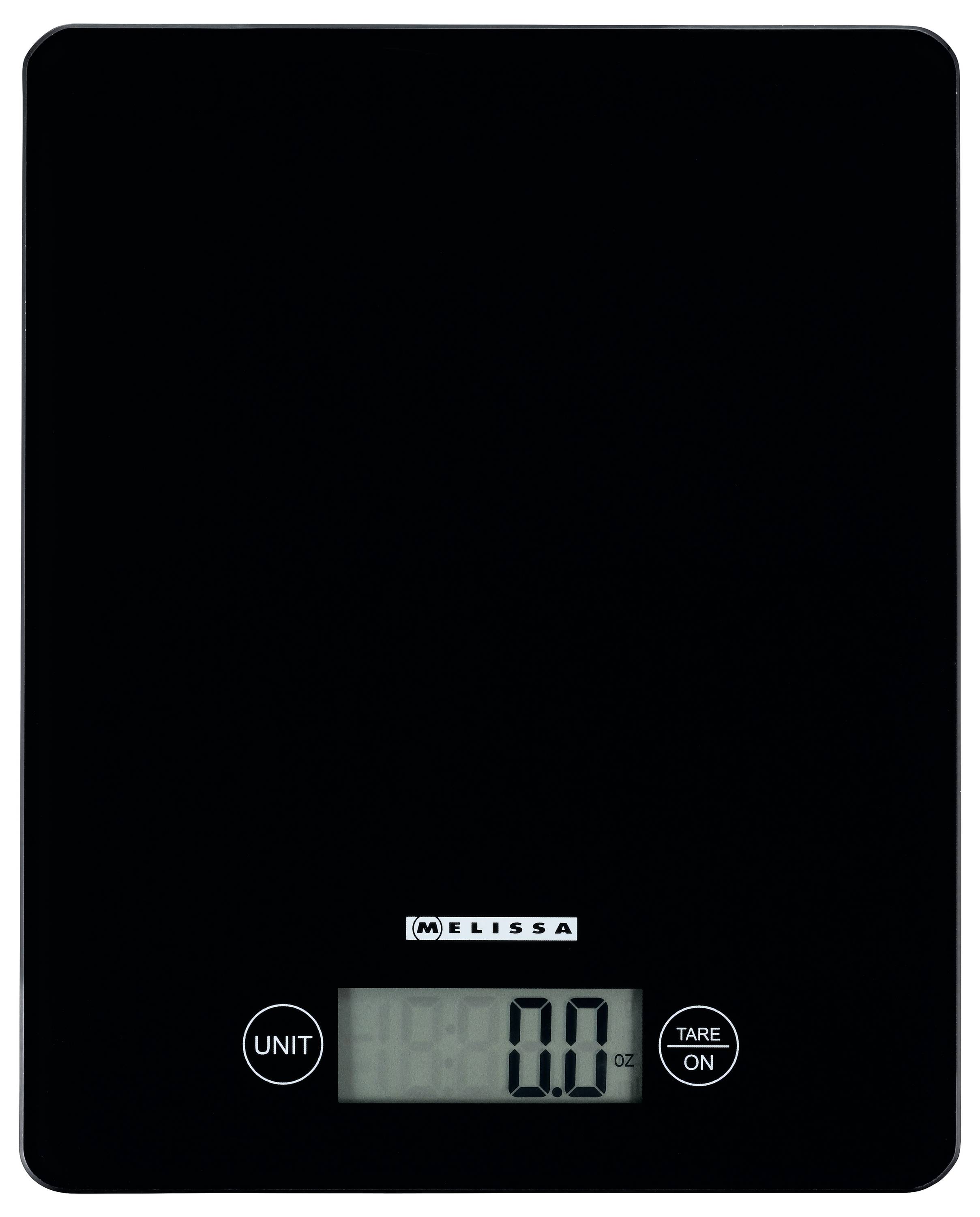 Černá digitální kuchyňská váha zobrazující '0.0 oz' na displeji s tlačítky pro změnu jednotek a funkcí tára.
