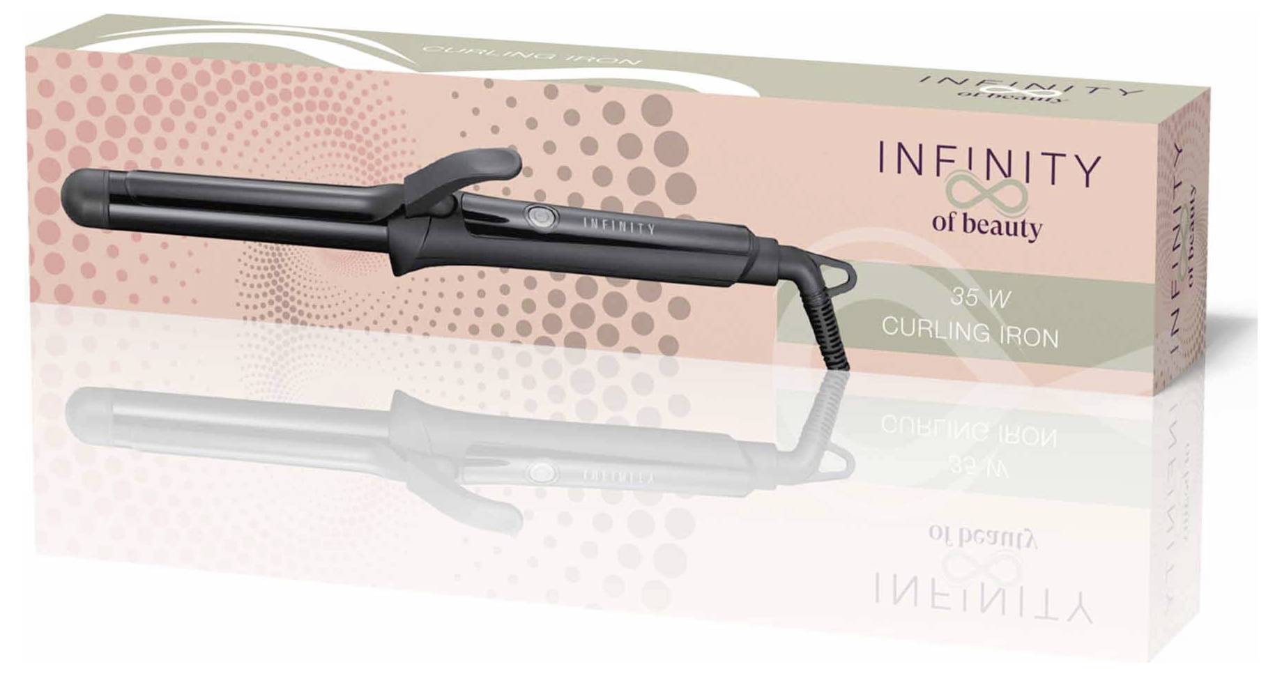 Obrázek ukazuje kroucení železa 'Infinity of Beauty' o výkonu 38W s černou rukojetí a válcem, vedle jeho růžové krabičky s logem a puntíkatým designem.