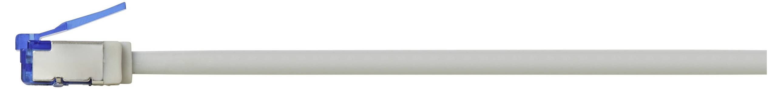 Plochý šedý kabel s modrým konektorem se západkou na jednom konci, případně používaný pro přenos dat nebo síťování.