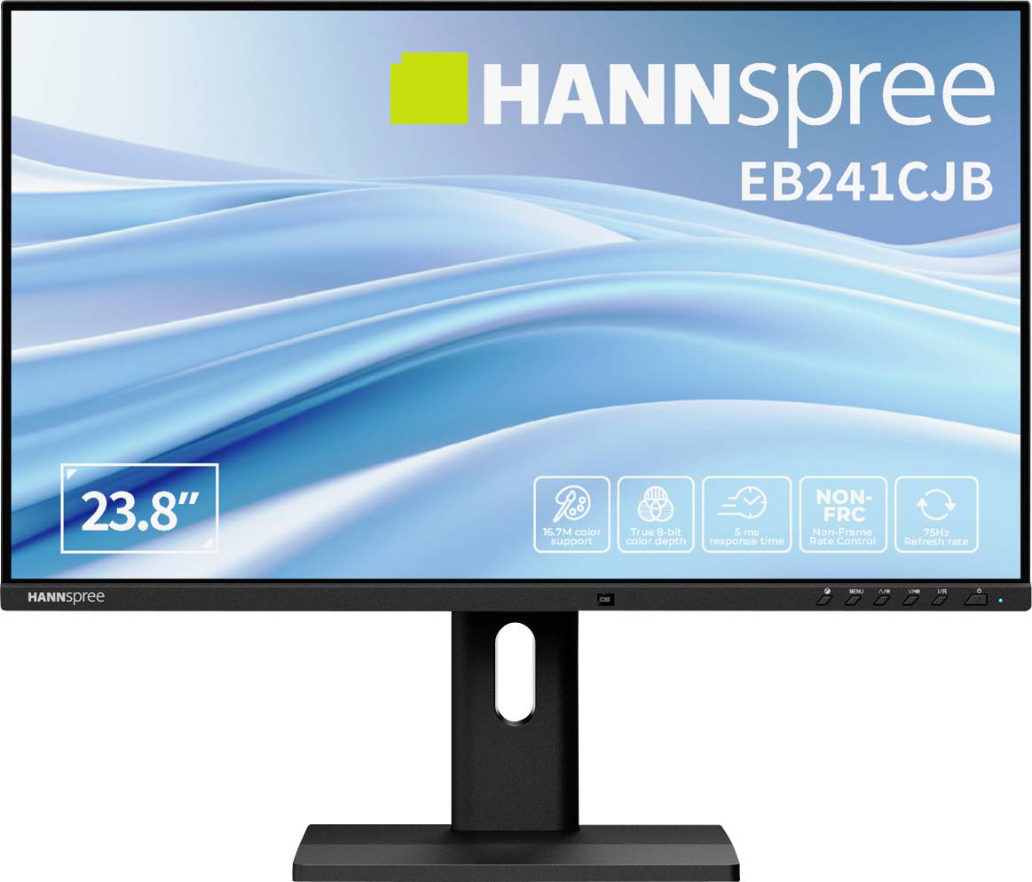Monitor s displejem HANNSPREE EB241CJB s vlnovým pozadím. Funkce zahrnují velikost 23,8", antireflexní povrch a ochranu očí.