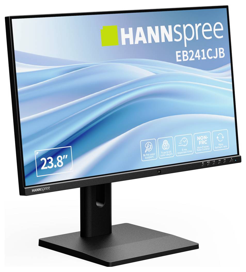 Monitor na stojanu zobrazující modrou vlnovou grafiku, označený štítkem 'HANNSPREE EB241CJB'. Marketingové ikony zvýrazňují klíčové vlastnosti.