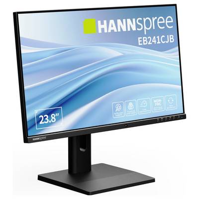 Monitor na stojanu zobrazující modrou vlnovou grafiku, označený štítkem 'HANNSPREE EB241CJB'. Marketingové ikony zvýrazňují klíčové vlastnosti.