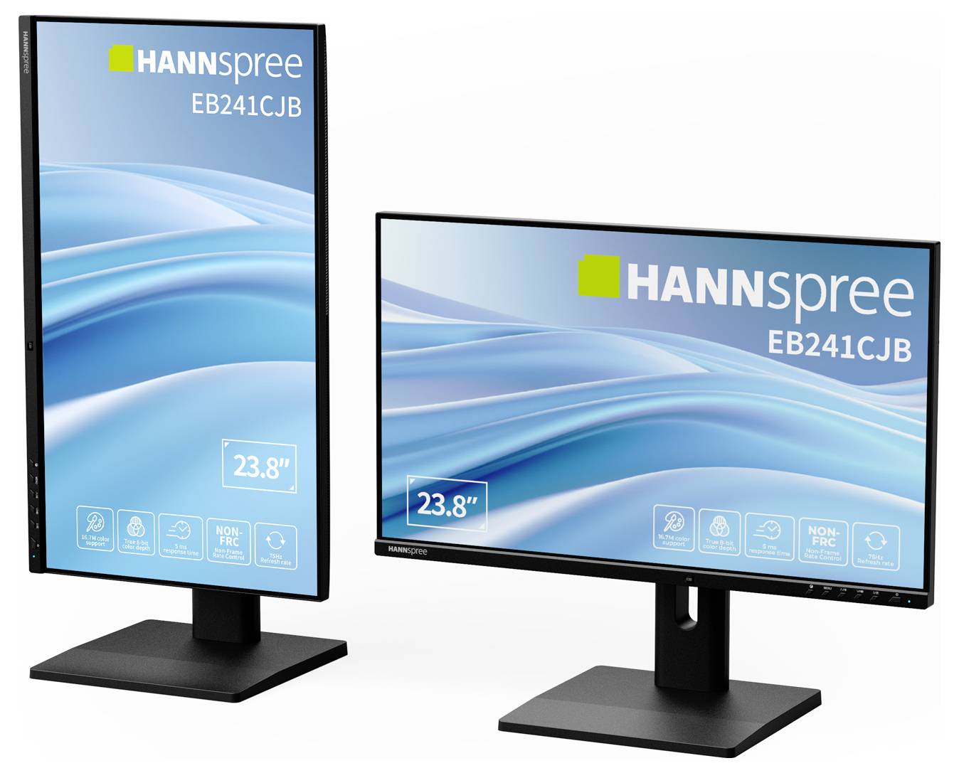 Dva monitory zobrazující modrý vlnitý design. Levý monitor je vertikální, pravý horizontální. Oba zobrazují 'HANNspree EB241CJB' a '23,8"' detaily.