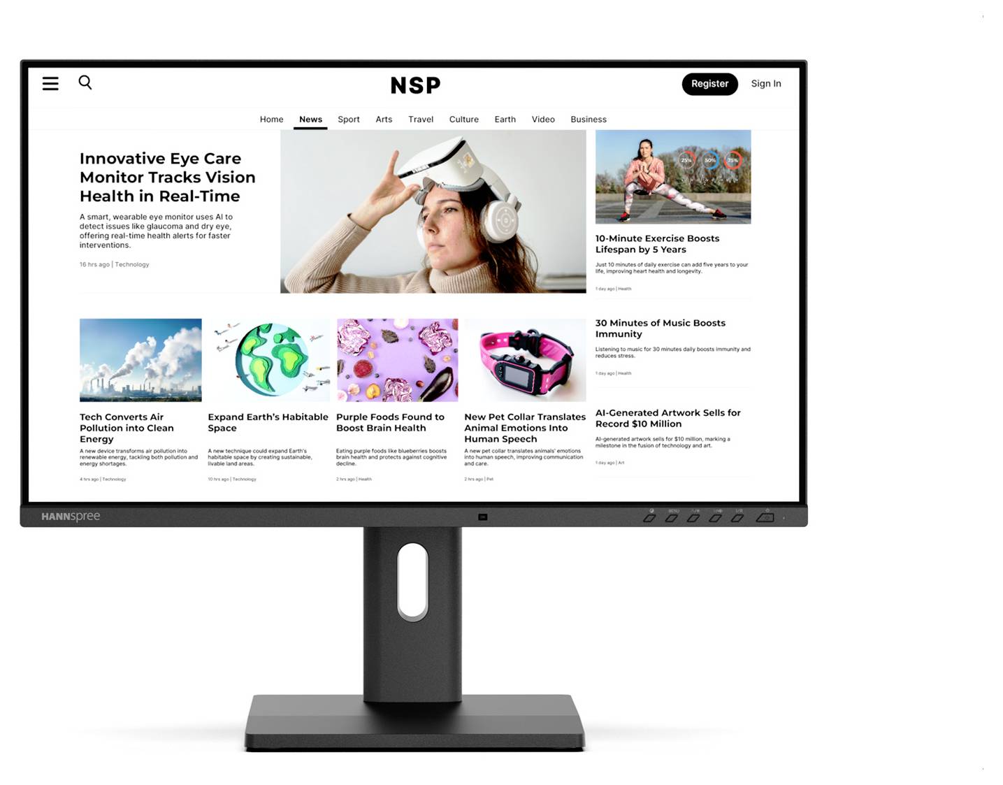 "Monitor počítače zobrazující webové stránky s různými technologickými a lifestylovými články. Hlavní článek s titulkem „Inovativní monitor péče o oči sleduje zdraví zraku v reálném čase"."