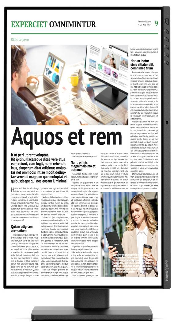 Digitální novinová stránka zobrazující titulek 'Aquos et rem' s obrázkem kancelářského prostředí nahoře a ženou používající smartphone venku.