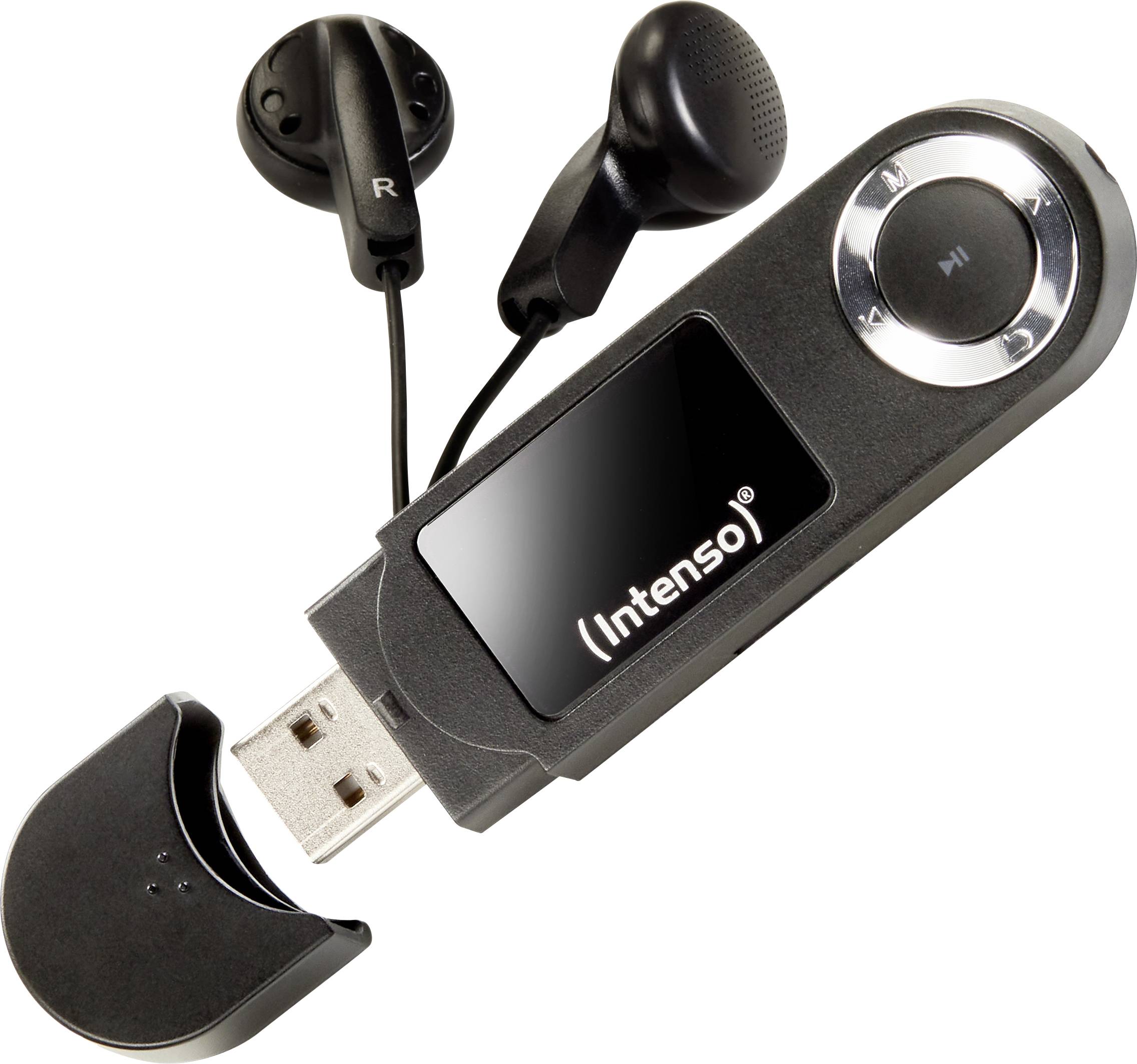 Černý přenosný MP3 přehrávač s malým displejem, s vysunutým USB konektorem, doprovázený černými kabelovými sluchátky položenými poblíž.