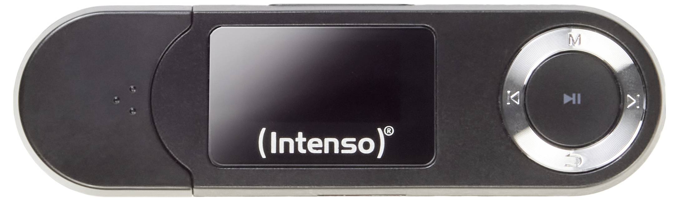 Přenosný MP3 přehrávač Intenso s malým displejem a ovládacími tlačítky, určený pro přehrávání digitálních zvukových souborů.