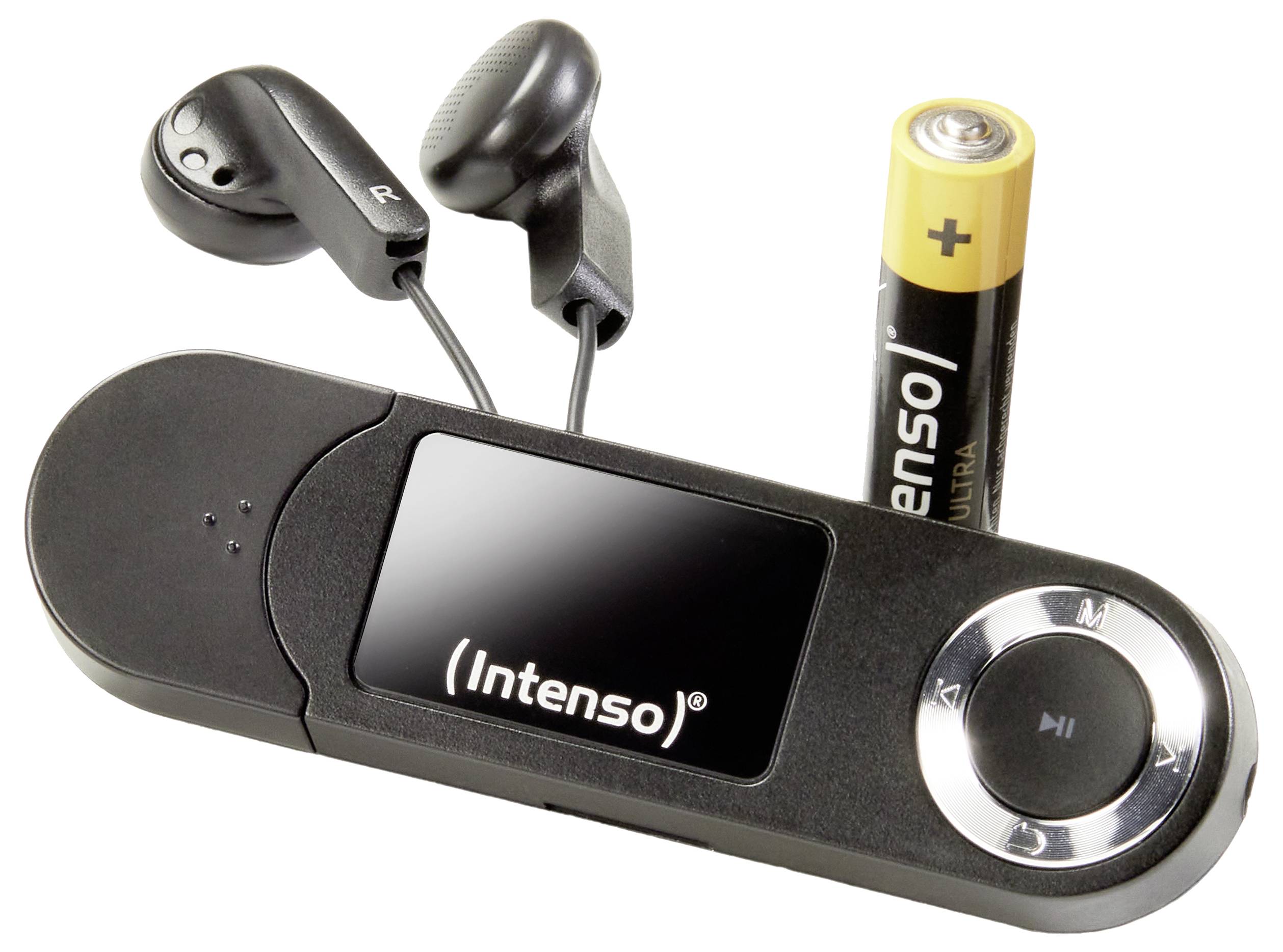 Černý MP3 přehrávač Intenso s peckovými sluchátky a jednou tužkovou baterií AA vedle něj. MP3 přehrávač je vybaven kruhovým ovládacím pádem.
