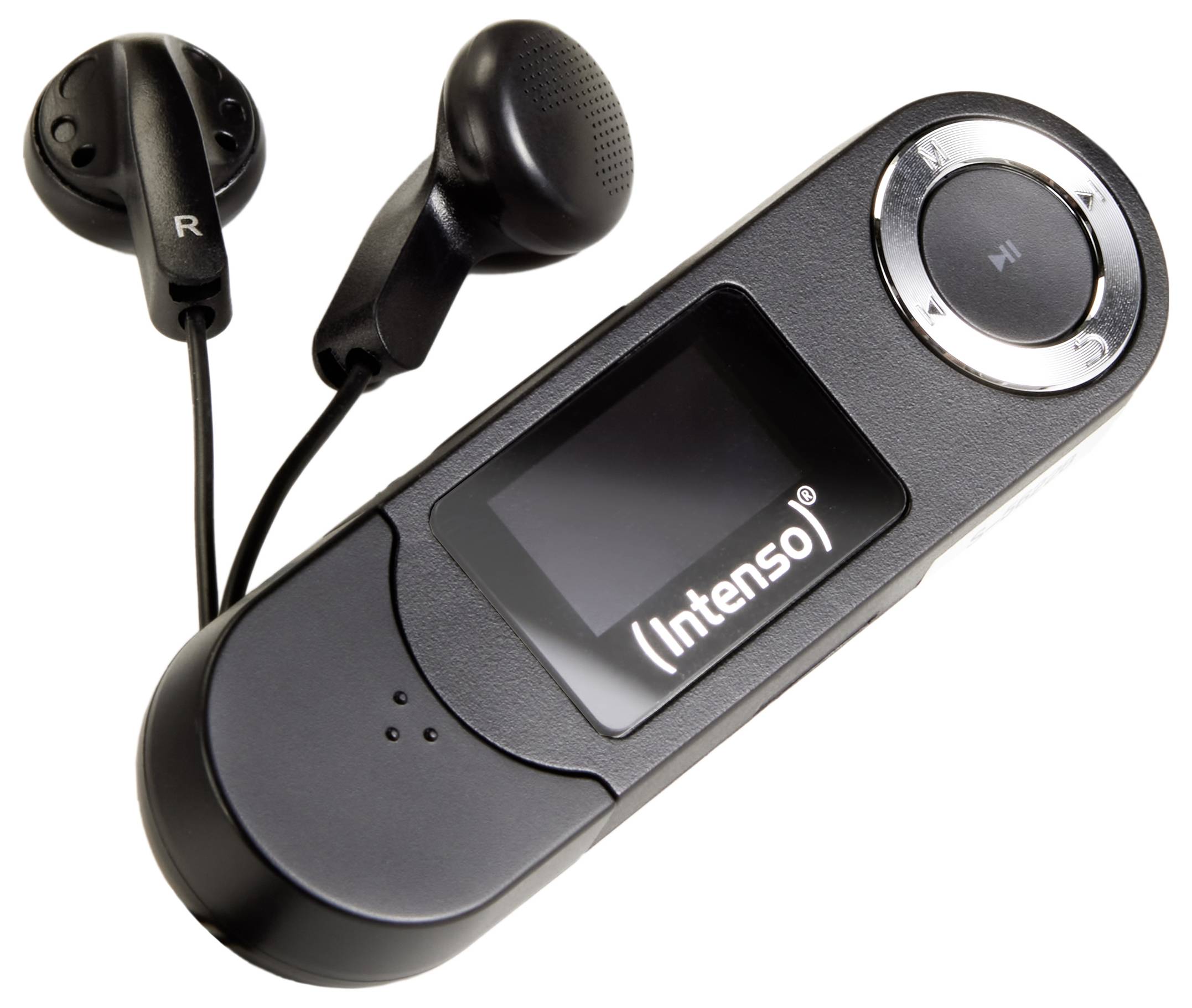 Černý přehrávač MP3 znač​​ky Intenso s displejem a kruhovým ovládacím pádem, spárovaný s černými sluchátky označenými 'R' a 'L'.