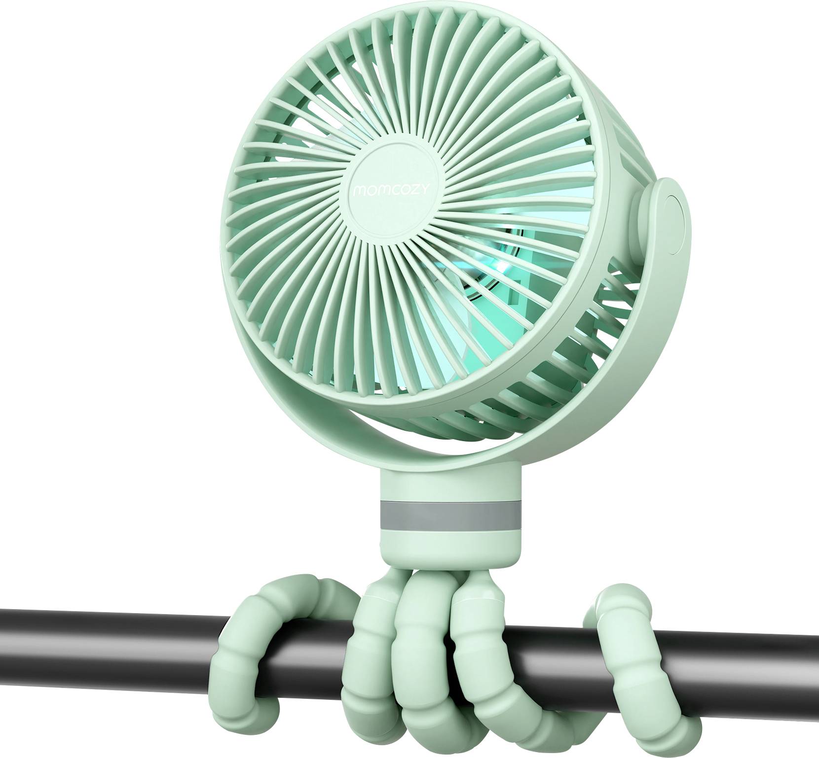 Přenosný, mentolově zelený ventilátor s ohromnými nohami obtočenými kolem tyče, navržený pro všestranné umístění a osobní ochlazení.