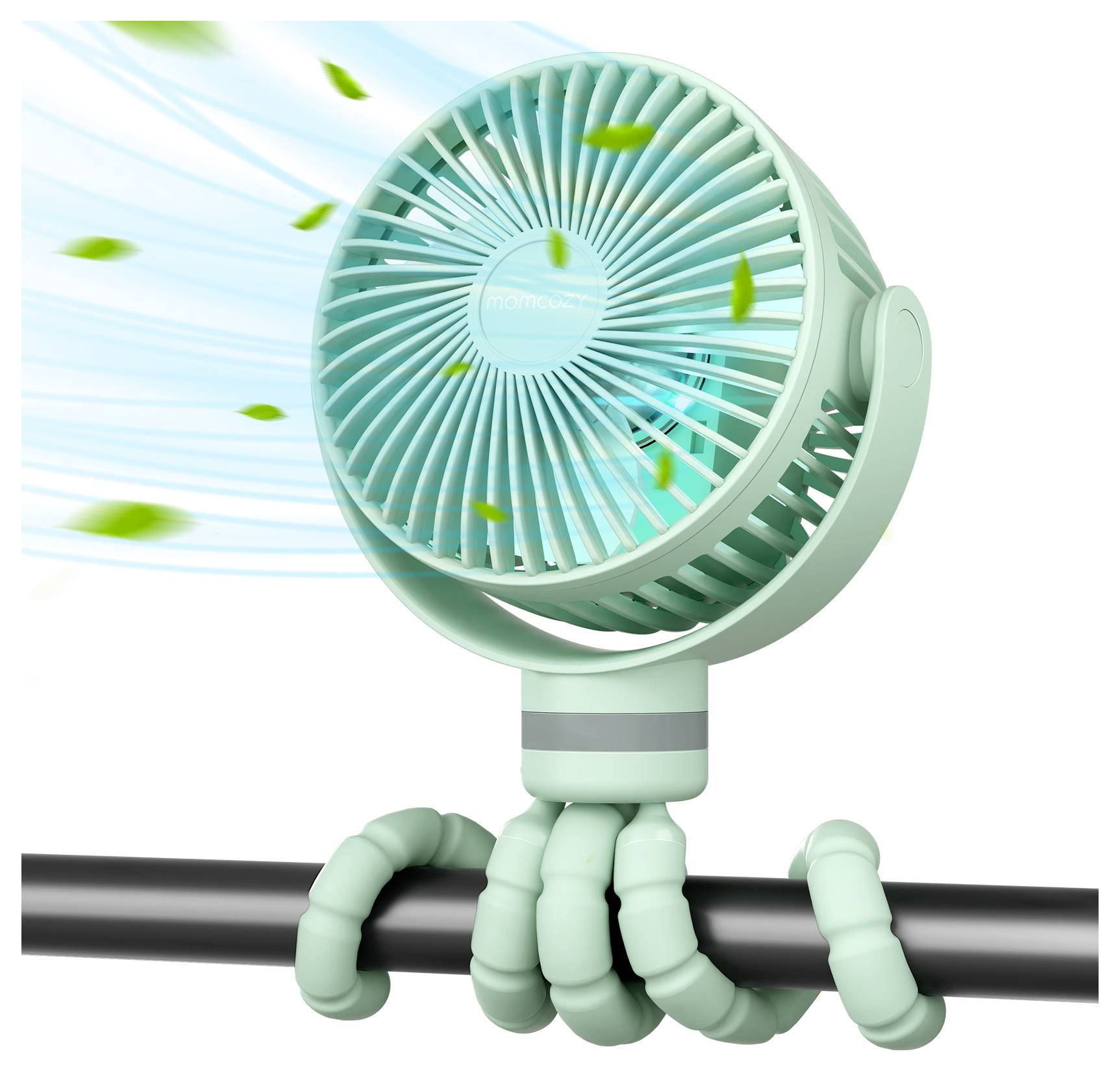 Mátově zelený přenosný ventilátor s ohromnými nohami se obtáčí kolem tyče, fouká do listí a demonstruje svou nastavitelnost a všestrannost použití.