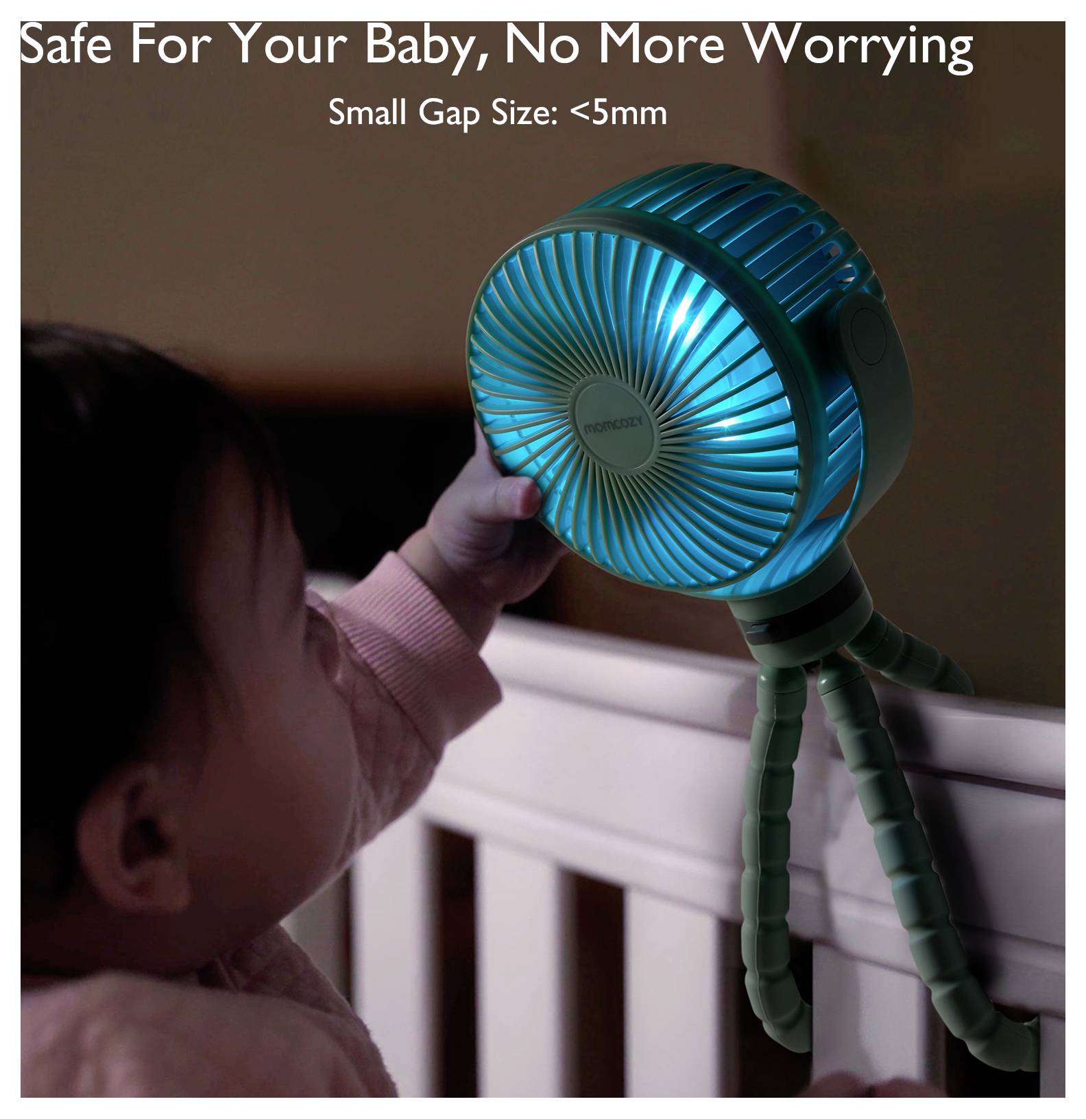 momcozy Akumulátorový ventilátor zelená natáčecí, s aku, s osvětlením-3