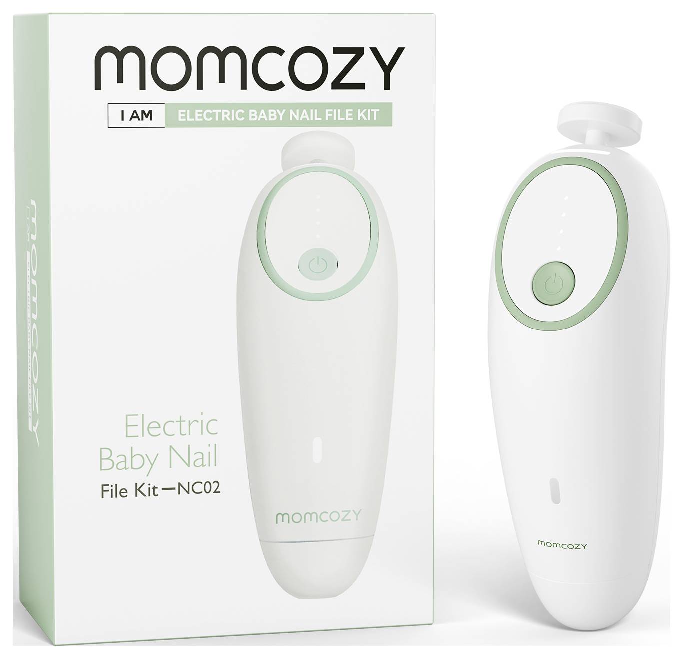 Elektrický pilník na nehty pro miminka od značky Momcozy s bílým a zeleným designem, zobrazený vedle svého obalu.