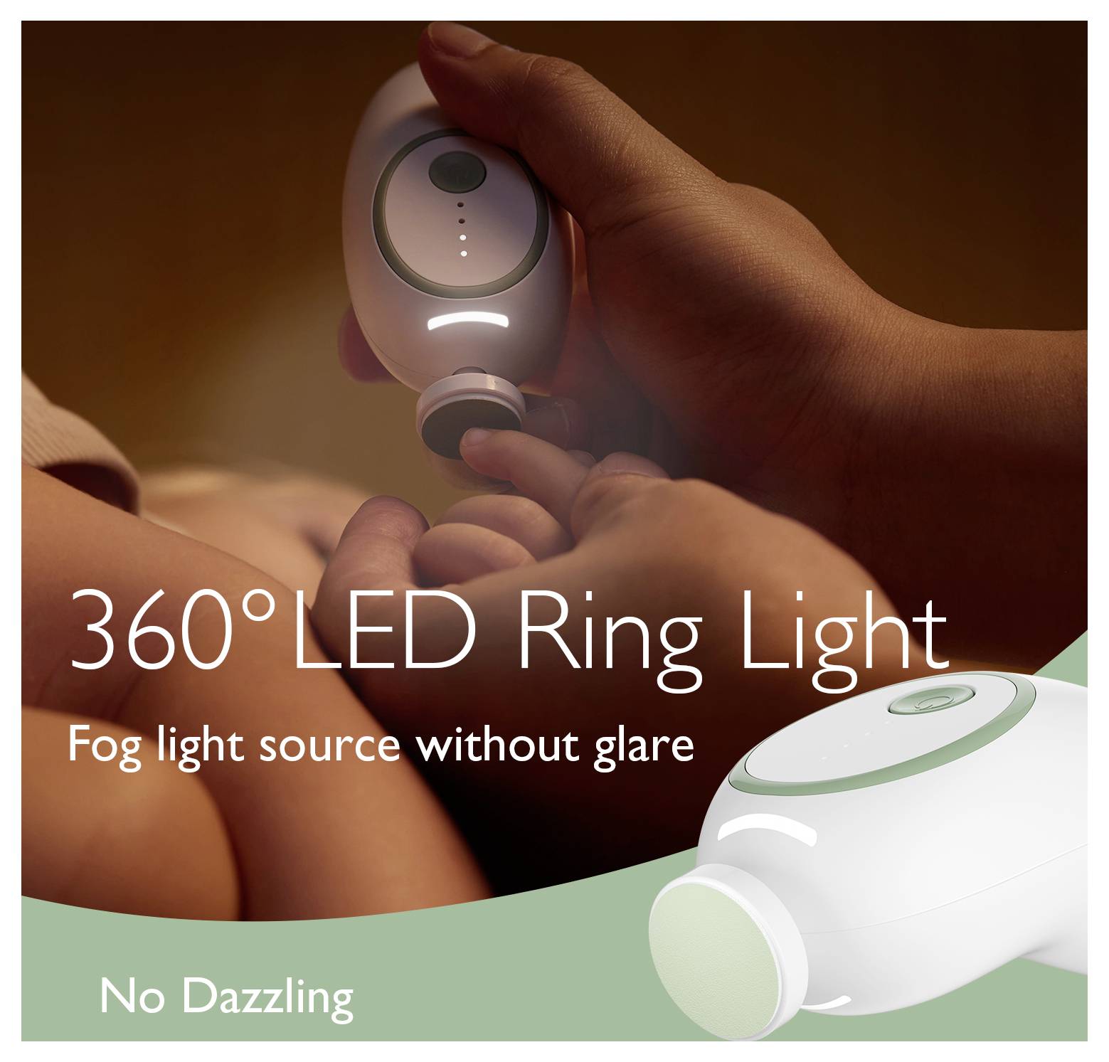 360° LED prstencové světlo' zařízení držené v rukou, propagující 'Mlhový světelný zdroj bez oslnění', navržené pro osvětlení 'Bez oslňování'.