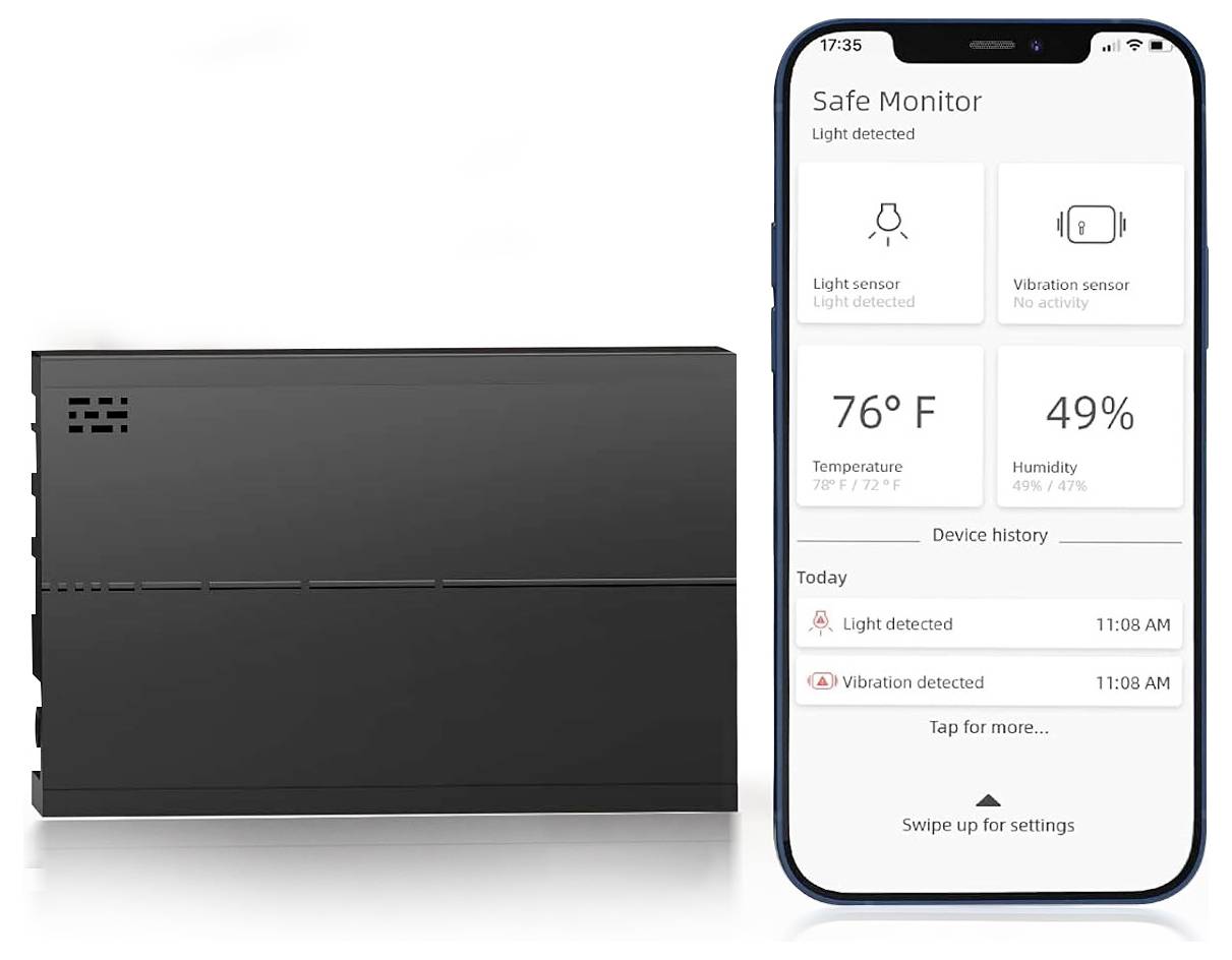 Obrazovka aplikace 'Safe Monitor' zobrazuje světelné a vibrační senzory s aktuální teplotou 76°F/24°C a vlhkostí 49%, spolu s nedávnými výstrahami.