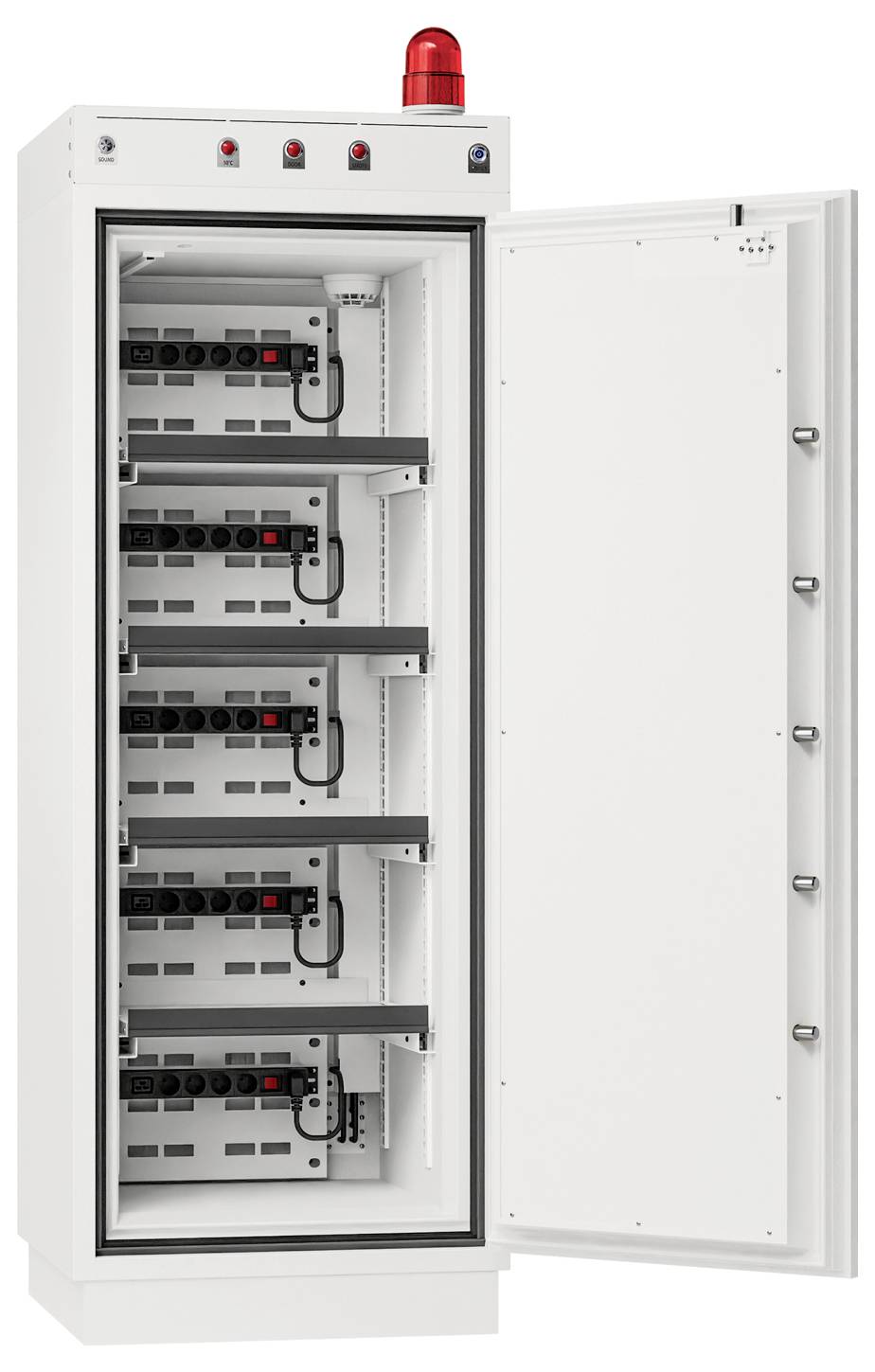 Otevřená bílá elektrická rozvodná skříň s pěti černými jističi a červeným nouzovým světlem nahoře. Dvířka jsou zcela otevřená.