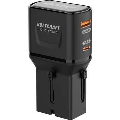 Černá nabíječka do auta Voltcraft s portem USB-A 35W a portem USB-C 35W, označená 'UC-1C1A35W01', určená pro nabíjení v automobilovém prostředí.