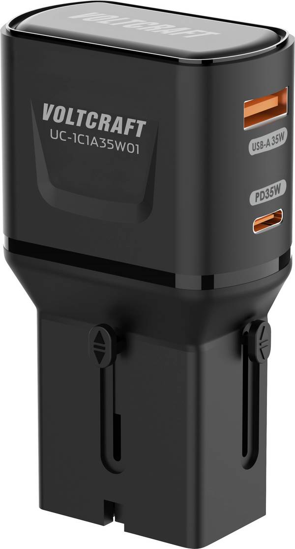 VOLTCRAFT UC-1C1A35W01 cestovní nabíječka, s adaptérem pro Evropu, s britským adaptérem, s americkým adaptérem, Rychlonabíječka, 1x USB-C®, 1x USB A , 18 W, 18 W, Rychlé nabíjení, černá