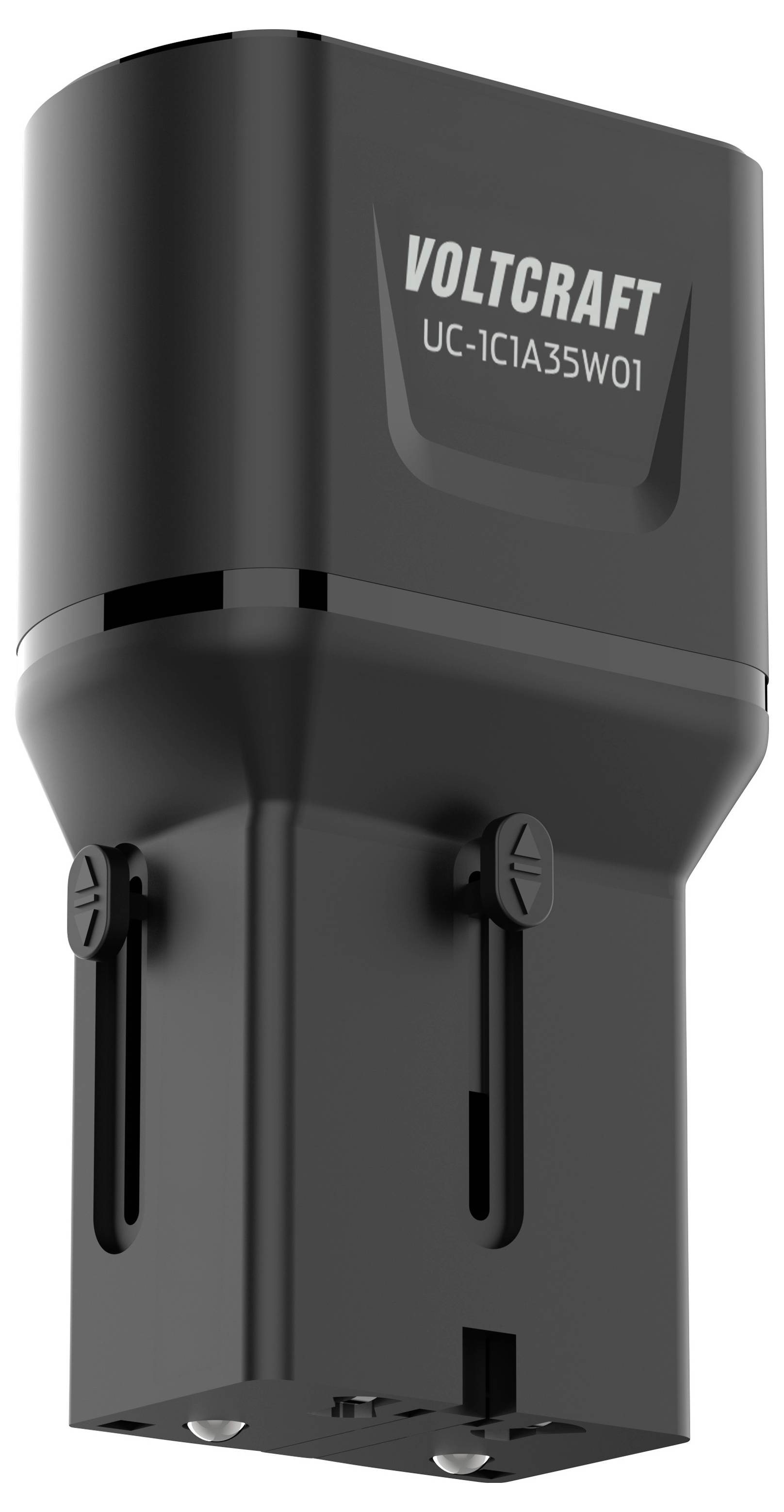 Černá nabíječka Voltcraft USB s číslem modelu „UC-1C1A35W01" vytištěným na straně. Má nastavitelné kolíky pro mezinárodní použití.