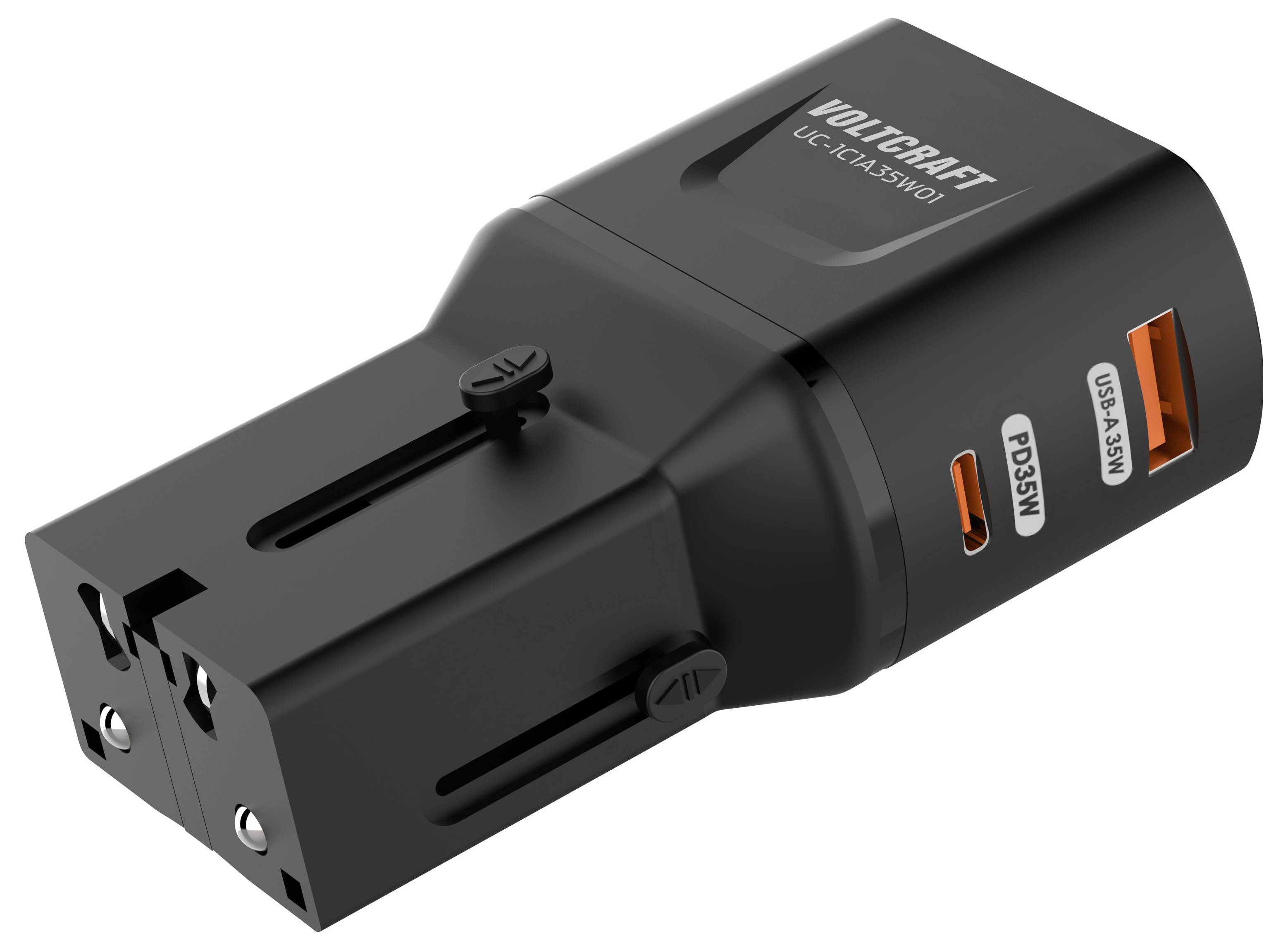 Černá duální USB nabíječka se dvěma typy portů označenými 'PDSC' a 'QC3.0', určená k poskytování rychlého nabíjení pro více zařízení.