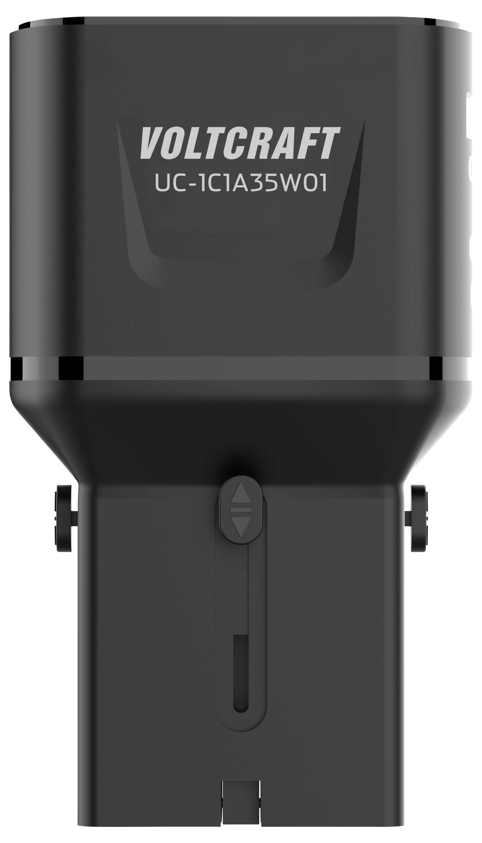 Černá nabíječka Voltcraft USB označená 'UC-1C1A35W01', zobrazená z přední strany se štíhlým, kompaktním designem.