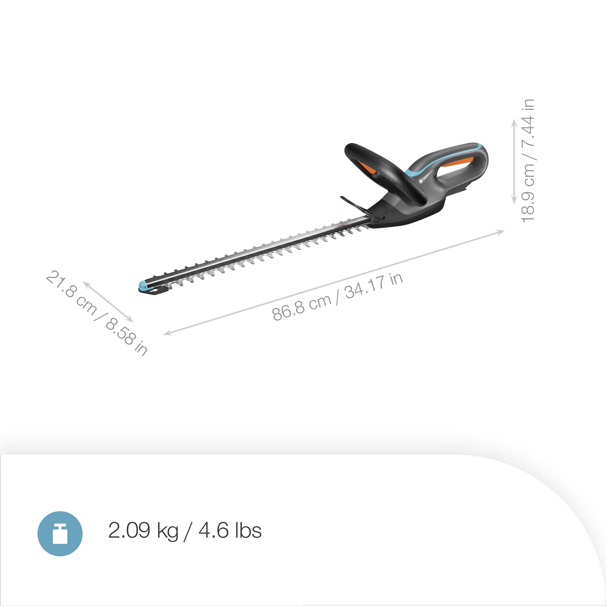 'Bezdrátový plotostřih je zobrazen s rozměry: délka 86,8 cm (34,17 palce), výška 18,9 cm (7,44 palce), šířka 21,8 cm (8,58 palce) a hmotnost 2,09 kg (4,6 liber).'