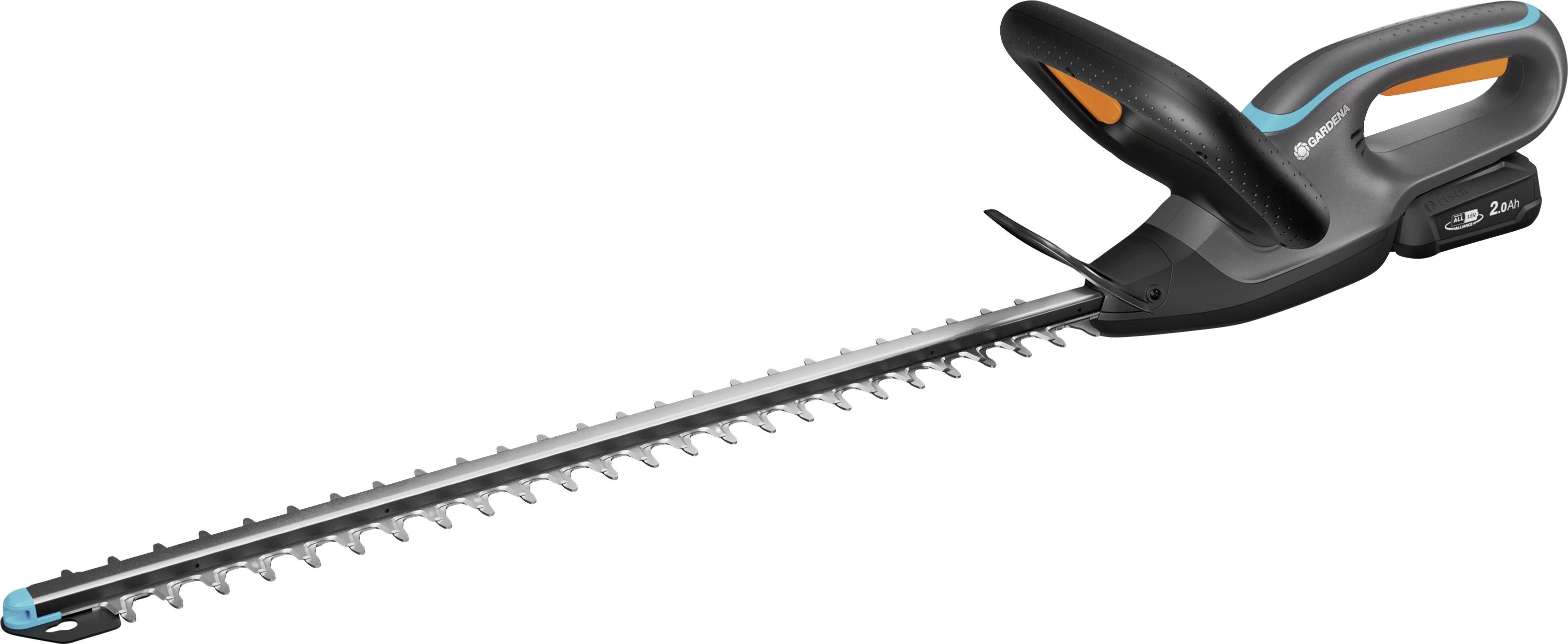 Bezdrátový plotový křovinořez s dlouhou čepelí a ergonomickou rukojetí, určený pro efektivní střihání a tvarování živých plotů a keřů.