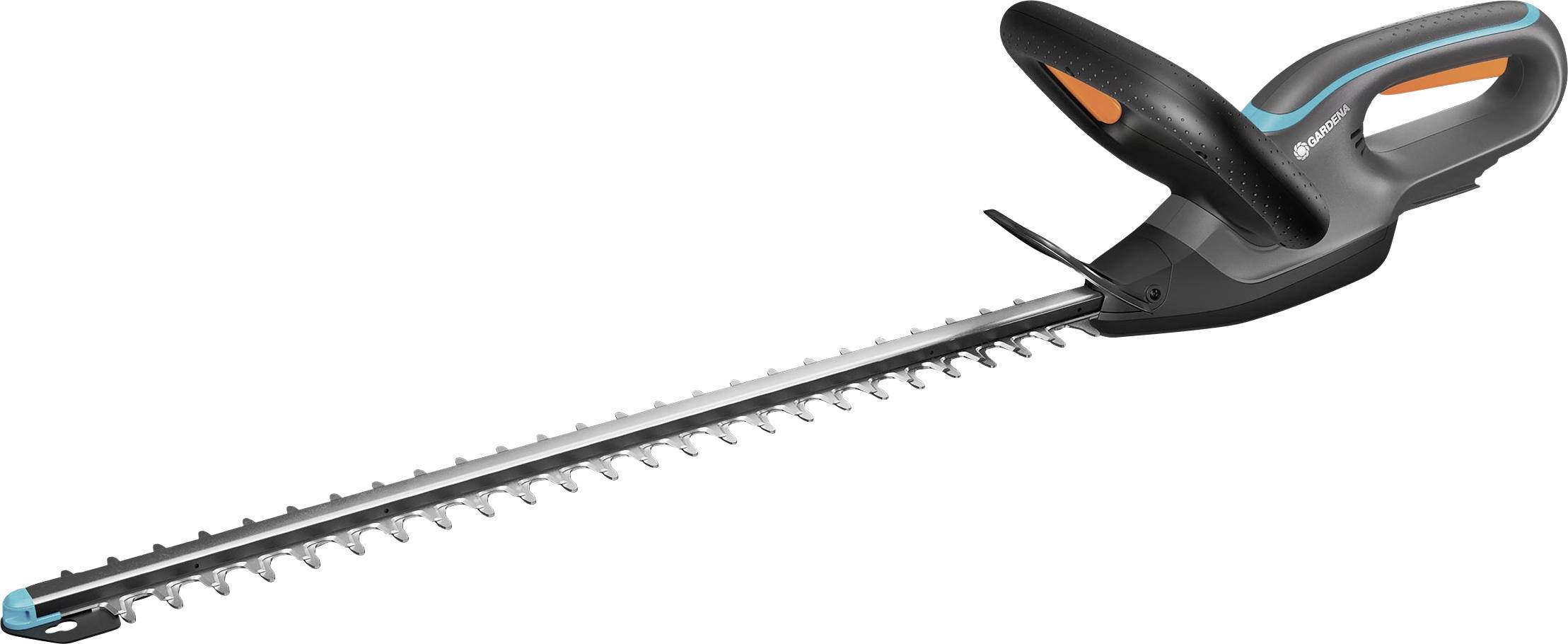 Černý a oranžový elektrický plotostřih s dlouhou stříbrnou řezací čepeří a ergonomickou rukojetí.