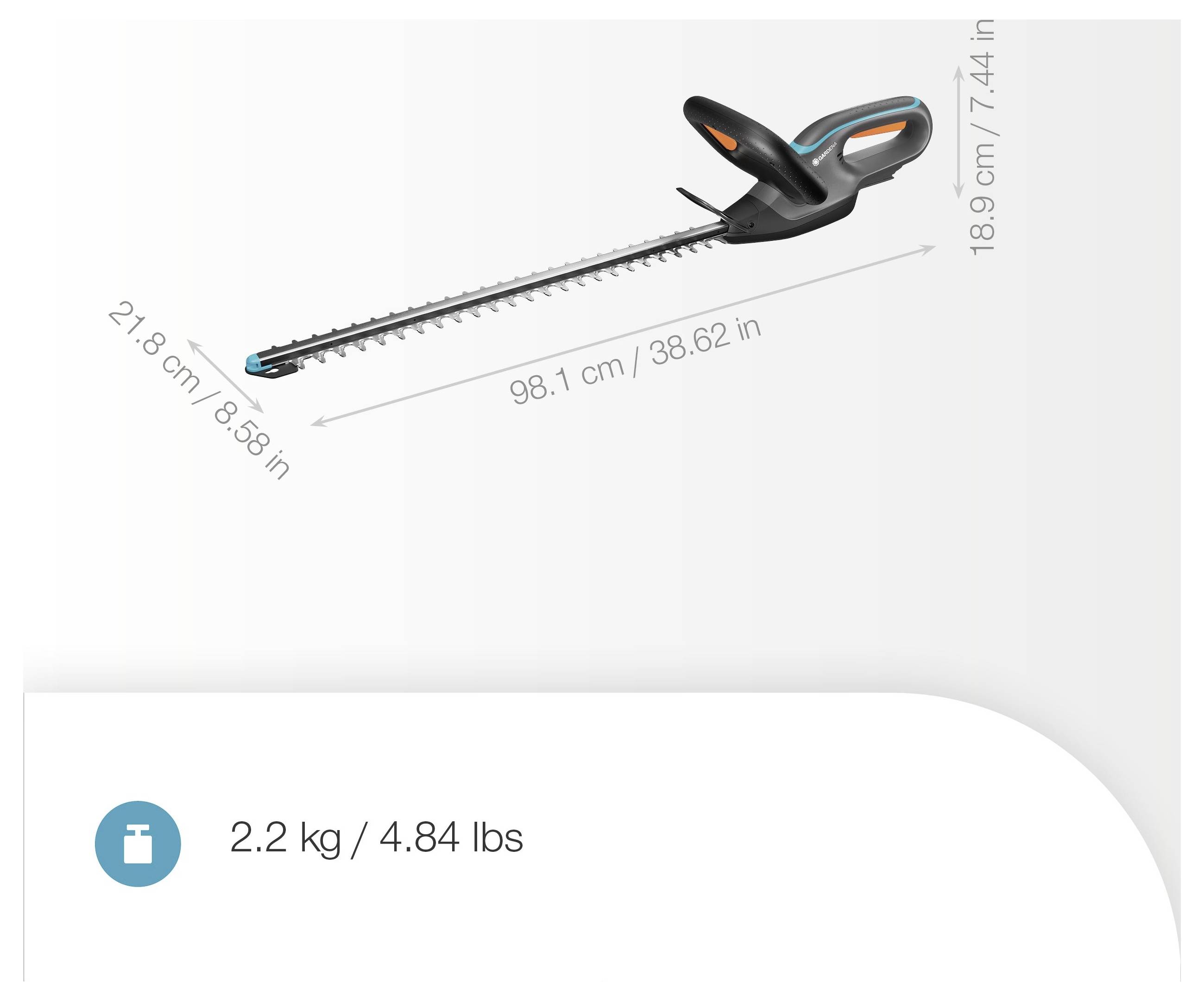 Elektrický plotový vyžínač s rozměry: 98,1 cm (38,62 palce) délka, 21,8 cm (8,58 palce) výška a 18,9 cm (7,44 palce) šířka. Hmotnost: 2,2 kg (4,84 liber).