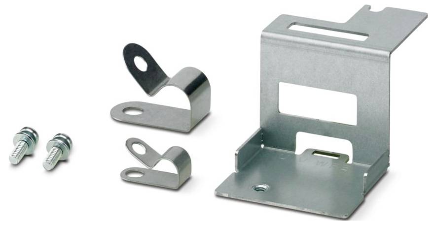 Kovový držák s dvěma šrouby a dvěma kovovými svěrkami na bílém pozadí.