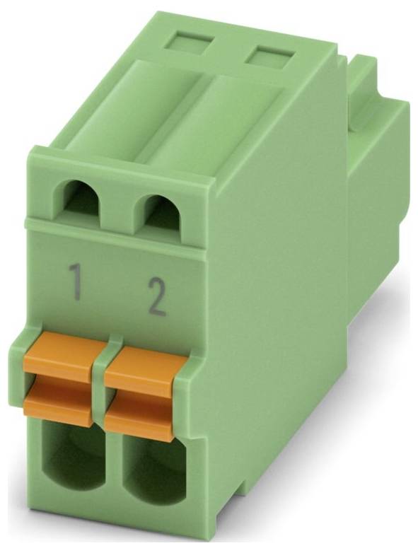Zelený dvoupolohový svorkovnicový blok s oranžovými uvolňovacími mechanismy označenými '1' a '2'.
