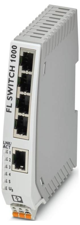 Kompaktní, šedý průmyslový síťový přepínač FL SWITCH 1000 s pěti porty Ethernet na přední straně pro připojení.