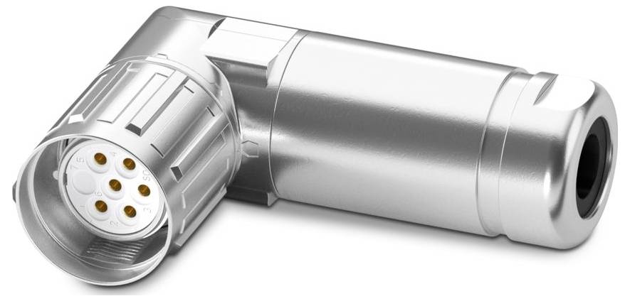 Kovový elektrickýkonektor ve tvaru L s kruhovým otvorem a více kolíky, používaný pro přenos signálů nebo elektrické energie v zařízeních.