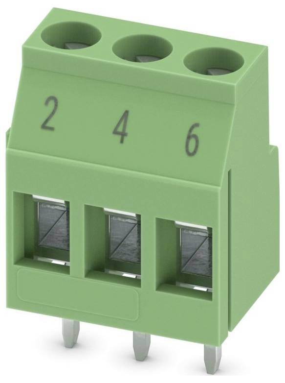 Zelený třídílný svorkovnice se číslovannými sloty "2", "4" a "6" pro připojování elektrických vodičů.