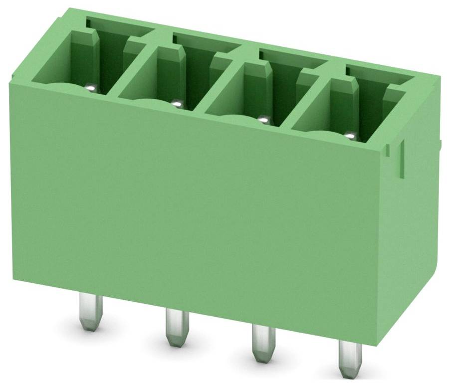 Zelený blok konektoru s čtyřmi kolíky, používaný pro elektrické spojení v elektronických zařízeních.