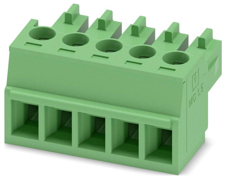Bílý obdélníkový elektrický konektor s více sloty pro připojení, zobrazený z úhlu, který vyprojektuje jeho vnitřní oddíly.