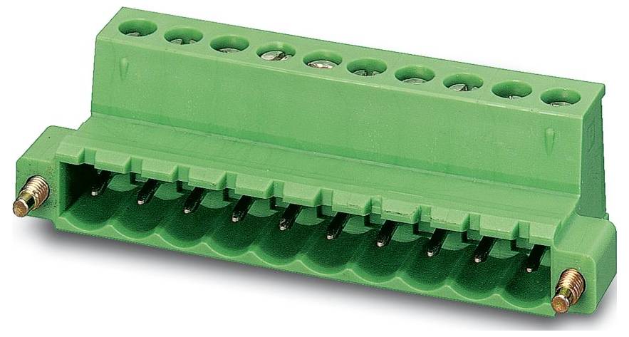 Zelený elektrický svorkovný blok s deseti drážkami pro vodiče a dvěma šroubovými konektory na koncích, používaný pro bezpečné elektrické připojení.