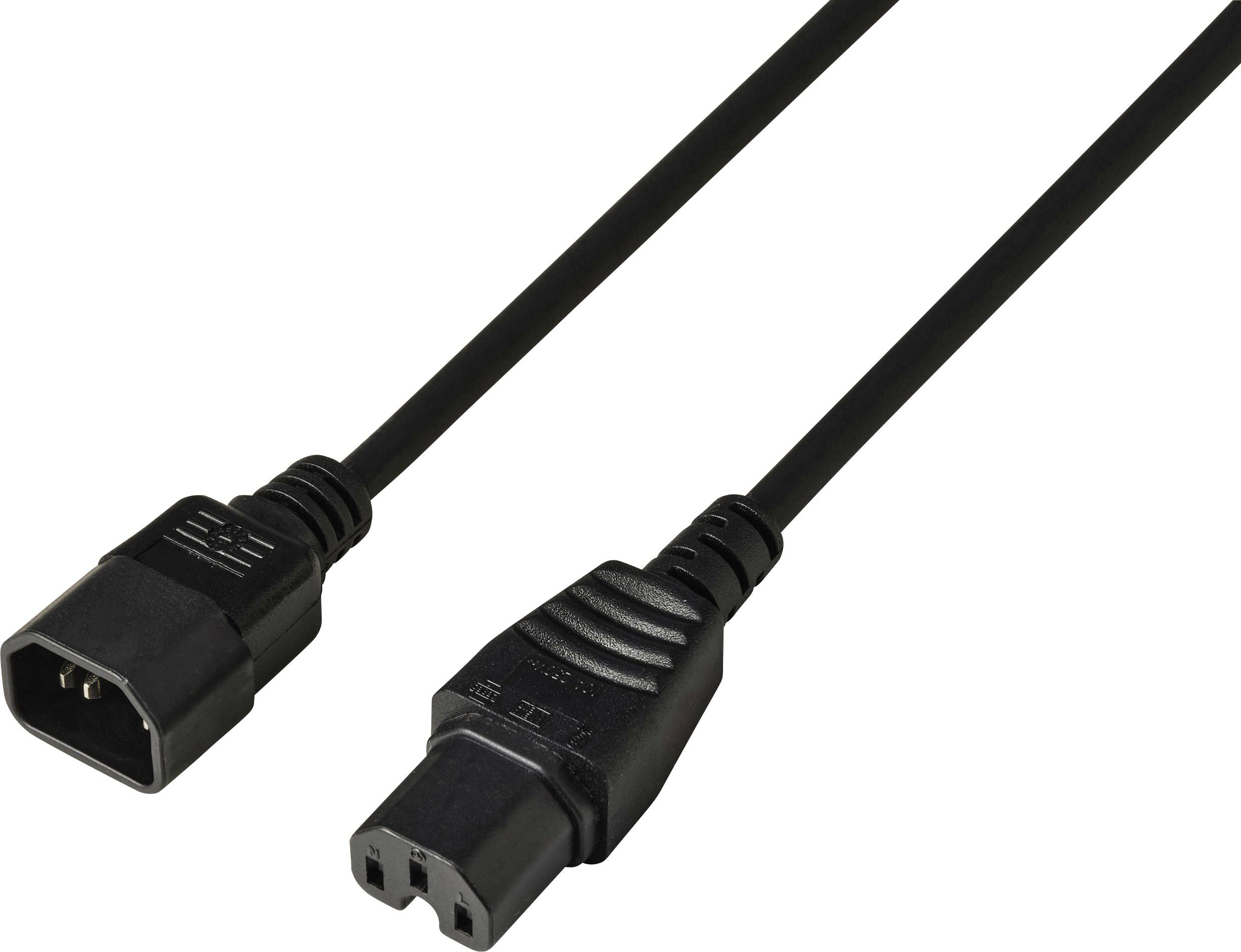 Černý napájecí kabel se dvěma konci: samicí konektor na levé straně a samčí konektor na pravé straně, používaný pro elektrické připojení.