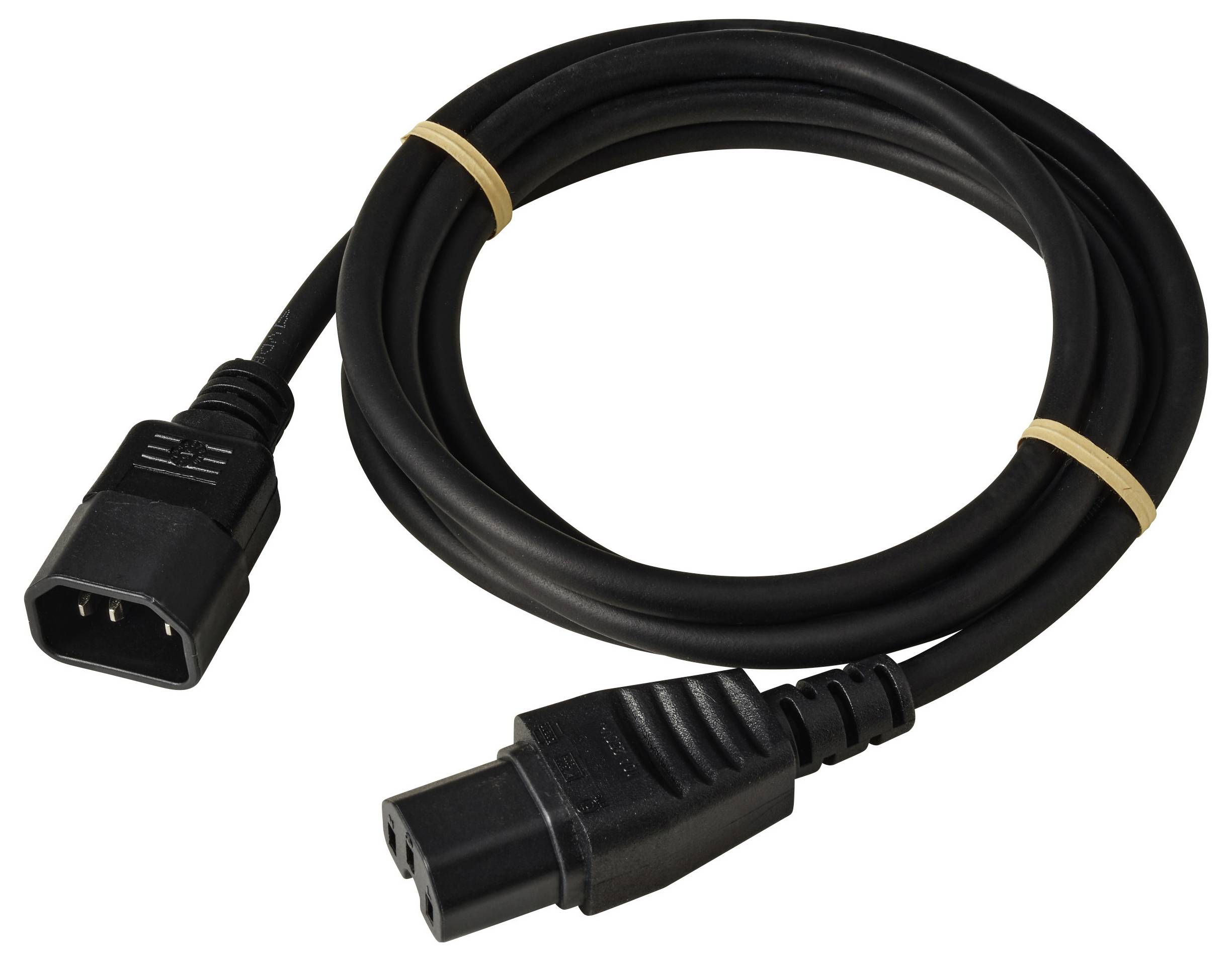 Černý kabel počítačového napájení se třemi kolíky na obou koncích, svinutý gumičkami pro organizaci.