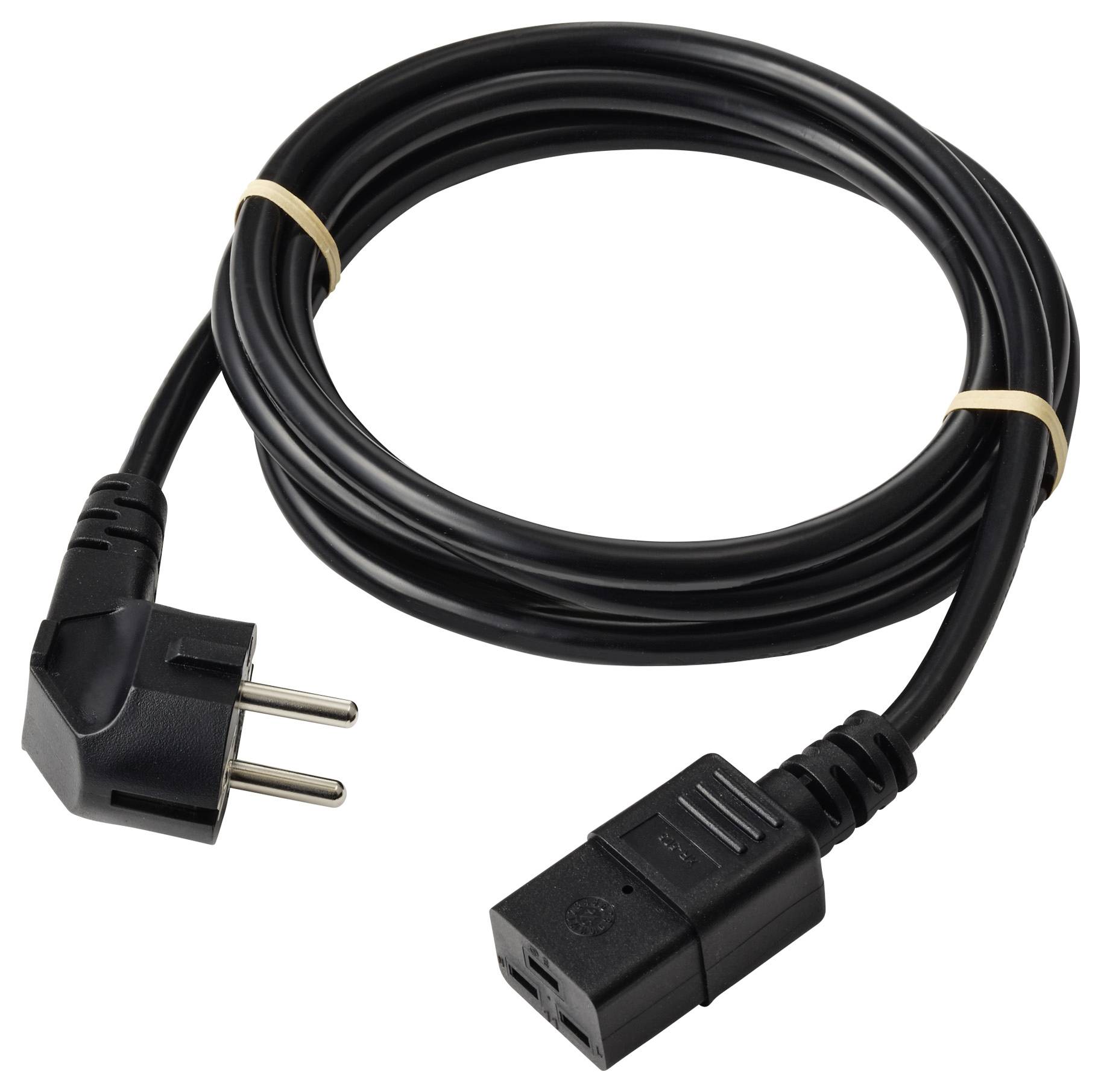 Černý napájecí kabel s evropskou dvoupólovou zástrčkou na jednom konci a konektorem IEC C13 na druhém konci, stočený gumičkami.