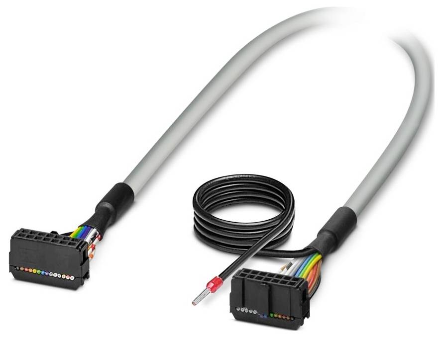 'Šedý elektrický kabel se dvěma černými konektory na každém konci. Konektory mají vystavené barevné vodiče. Vhodný pro přenos dat.'