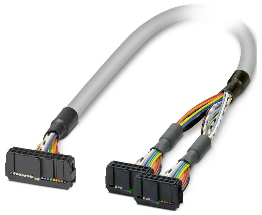 Kabel s označenými barevnými vodiči připojenými ke dvěma černým plastovým konektorům, obvykle používaný v elektronických nebo počítačových systémech.