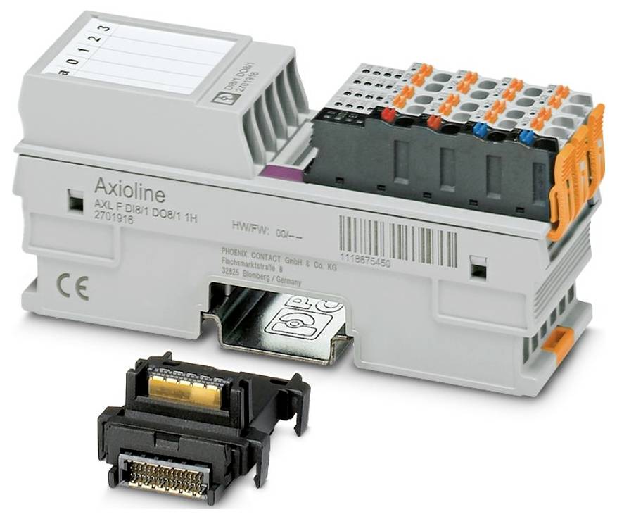 Modul Axioline s více barevnými konektory a odnímatelnou komponentou, používaný v průmyslové automatizaci a elektrických systémech.