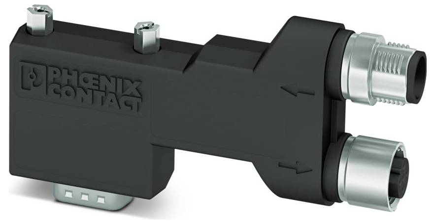Značení "Phoenix Contact" na černém, L-tvarém elektrickém konektoru se dvěma kruhovými porty na konci a dvěma upevňovacími šrouby nahoře.